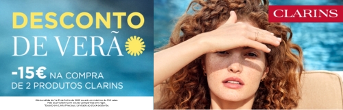 Campanha Mass Perfumarias: Desconto 15€ na compra de 2 produtos Clarins, exceto Clarins Precious
