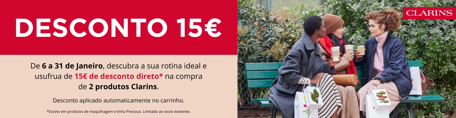 Campanha Mass Perfumarias: Desconto direto 15€ na compra de 2 produtos Clarins, exceto maquilhagem e linha Precious