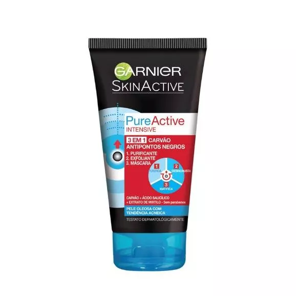 Garnier PureActive Máscara 3 em 1 Carvão Anti-Pontos Negros 150ml