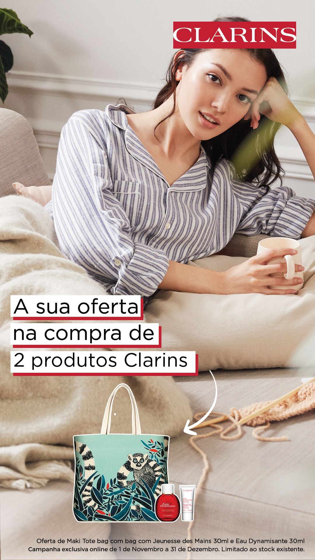 Campanha de Natal Clarins. Oferta de Tote Bag na Compra de 2 Produtos da Marca Clarins